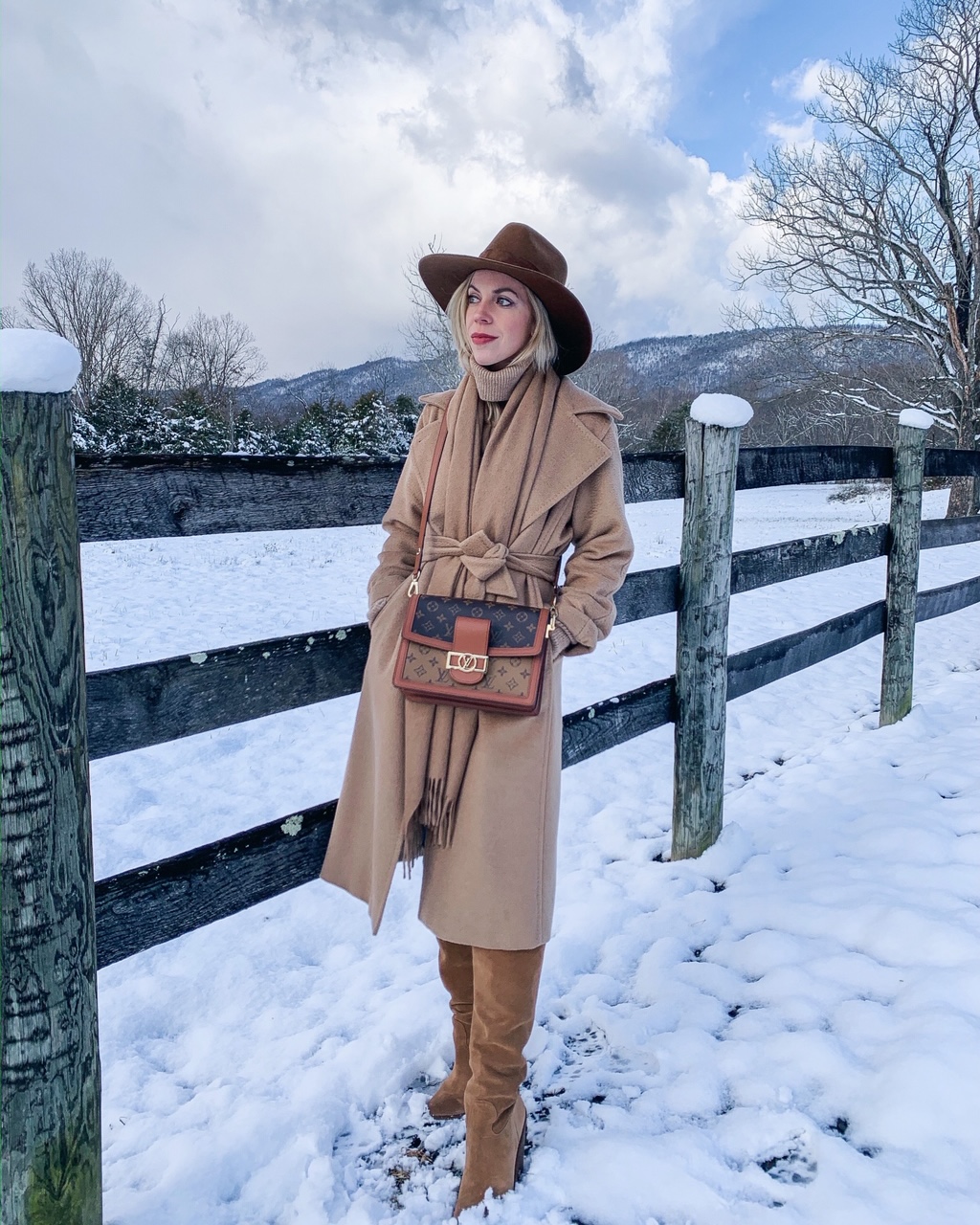 Meagan Brandon fashion blogger of Meagan's Moda wears Max Mara Manuela  camel coat with Janessa Leone Harper fedora and Louis Vuitton Dauphine bag  - Meagan's Moda