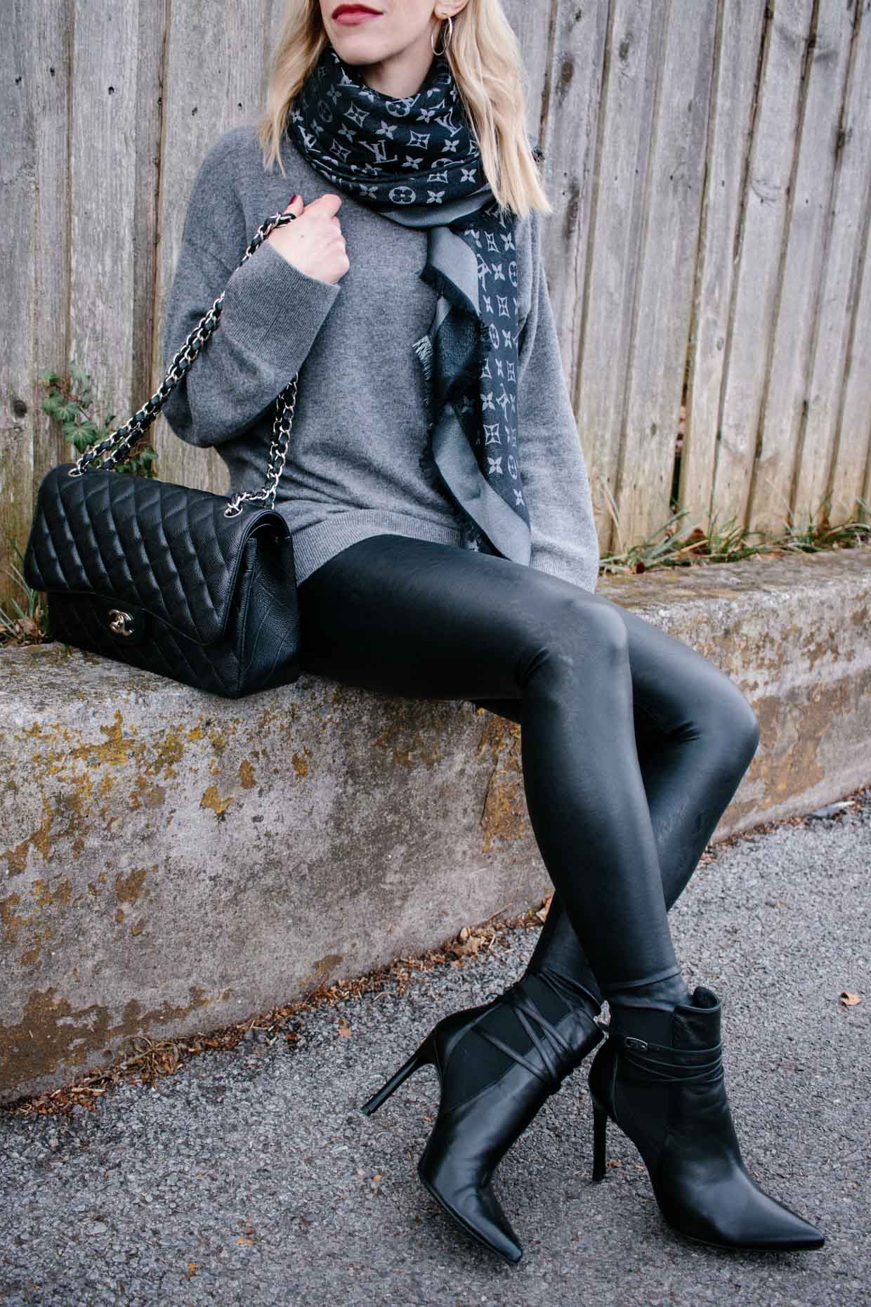 Meagan Brandon fashion blogger of Meagan's Moda wears Commando faux leather leggings  with Louis Vuitton black shine shawl monogram scarf - Meagan's Moda