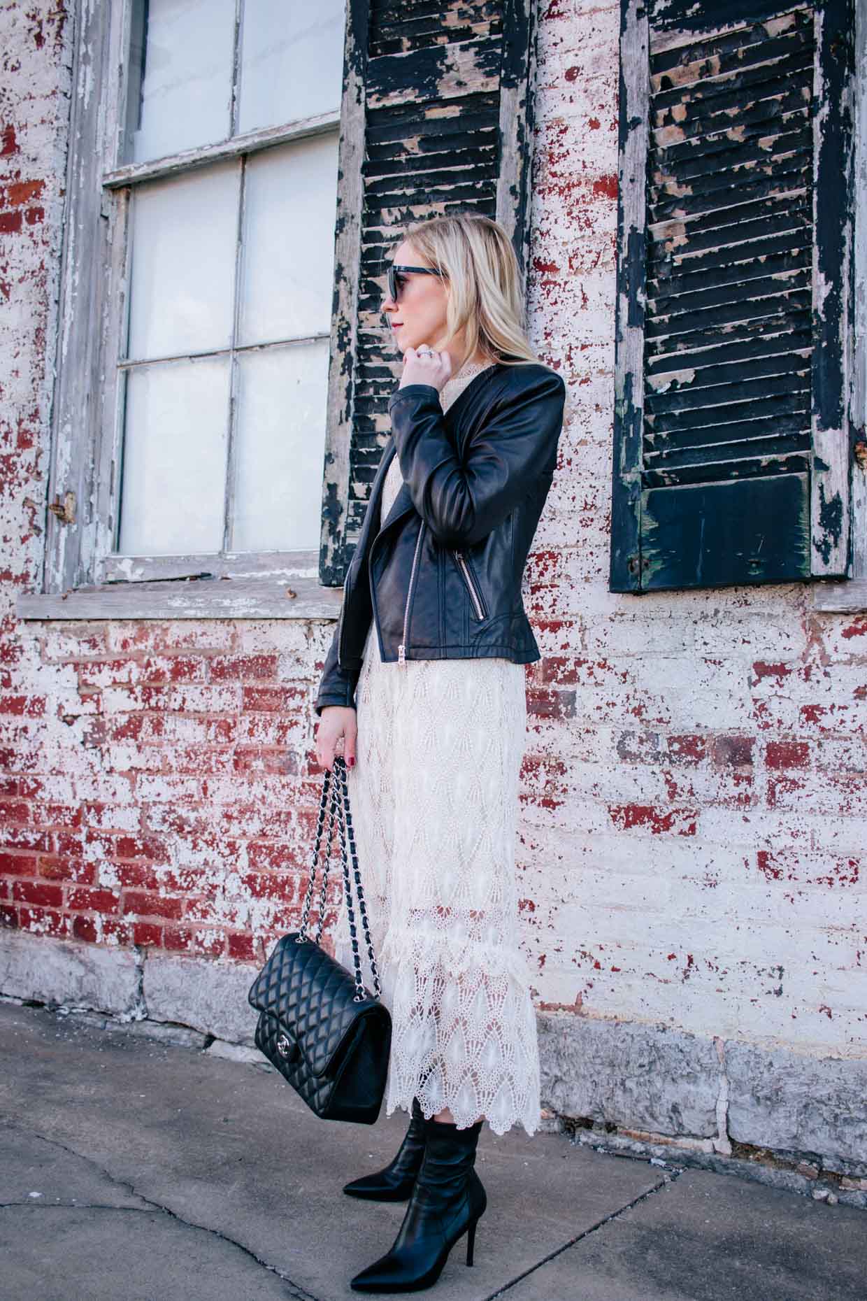 Meagan Brandon fashion blogger of Meagan's Moda wears lace midi