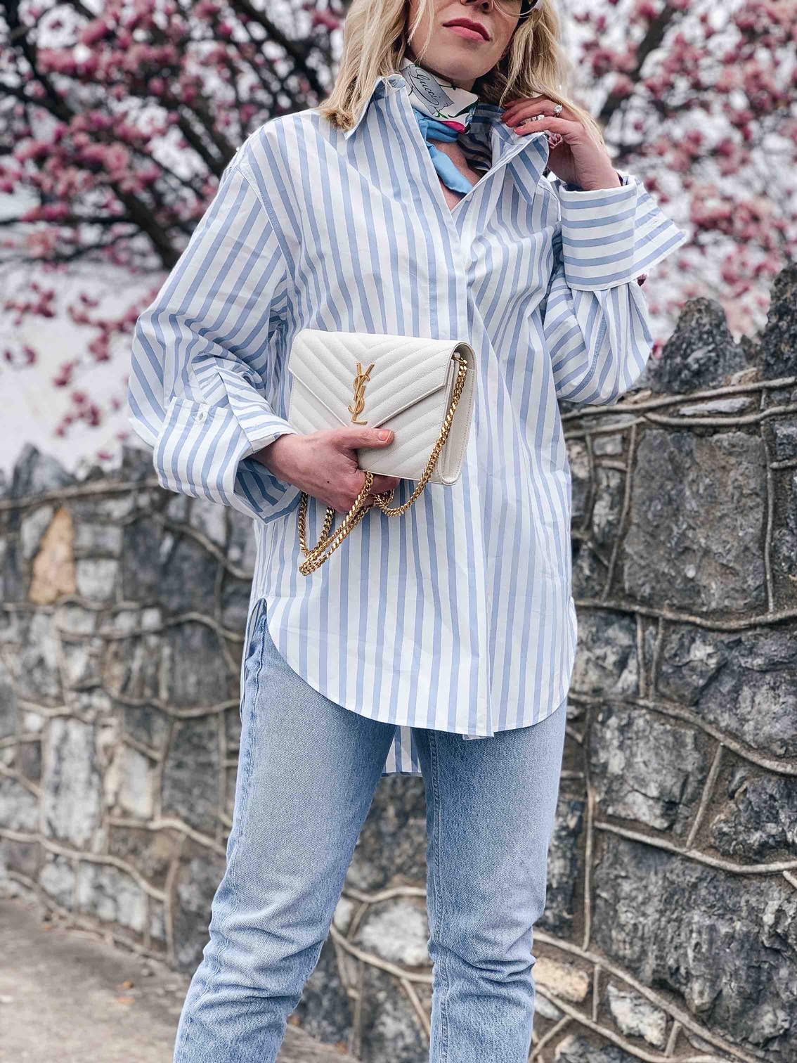 Meagan Brandon fashion blogger wearing gray Louis Vuitton scarf, Gucci  monogram belt and 7 for all mankind boyfriend jeans - Meagan's Moda
