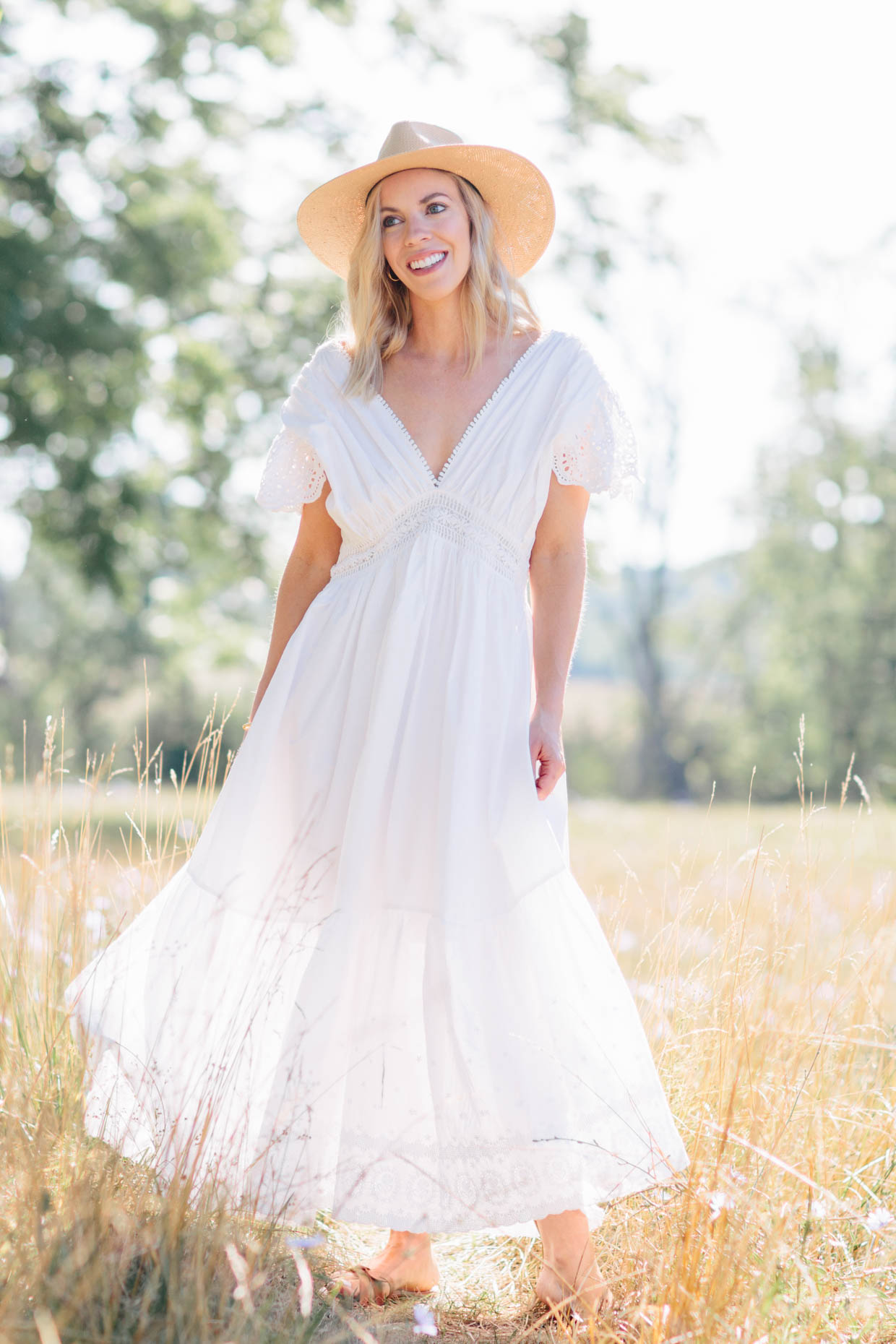 Meagan Brandon fashion blogger of Meagan's Moda wears Chicwish white eyelet maxi dress with Janessa Leone straw hat