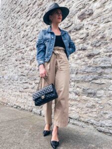 Meagan Brandon fashion blogger of Meagan's Moda wears boxy denim jacket with paperbag cropped pants and Manolo Blahnik Maysli slingbacks