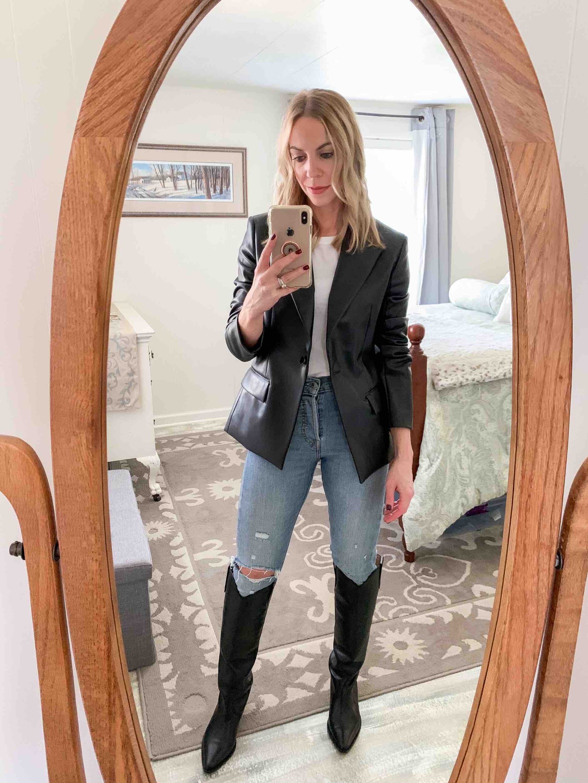 Meagan Brandon fashion blogger shows chic leather outfit idea with Louis Vuitton  monogram shawl and Levi's Wedgie skinny jeans - Meagan's Moda