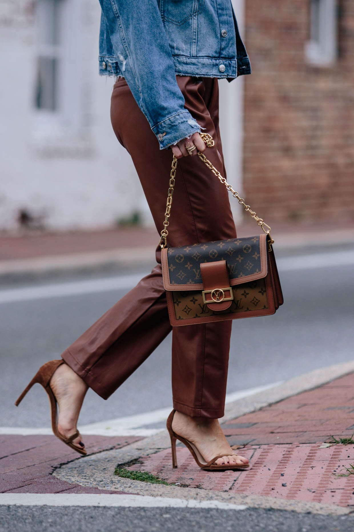 Meagan Brandon fashion blogger of Meagan's Moda wears brown monogram Louis  Vuitton scarf with gray jeans and Frye suede booties, best casual outfit  idea for new moms - Meagan's Moda