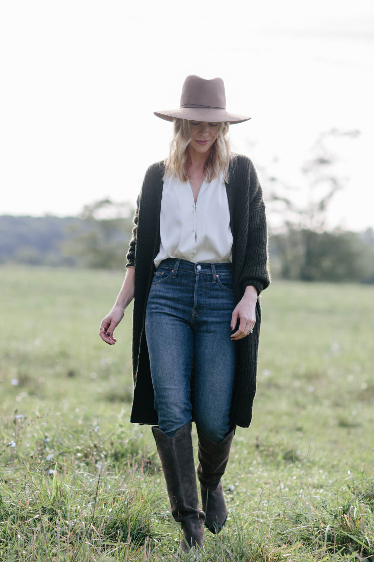 Meagan Brandon fashion blogger of Meagan's Moda wears olive oversized cardigan Nordstrom Anniversary sale with skinny jeans and Isabel Marant Denvee boots