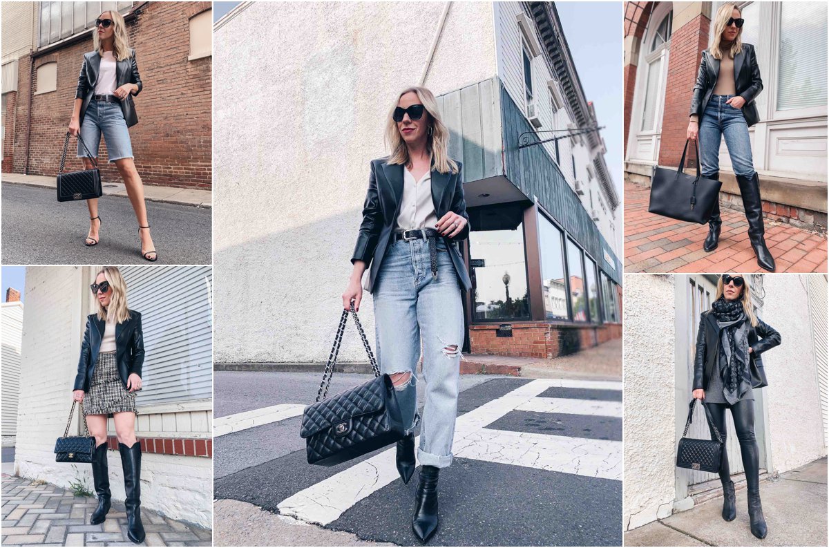 Meagan Brandon fashion blogger of Meagan's Moda shows how to wear a faux leather blazer for fall