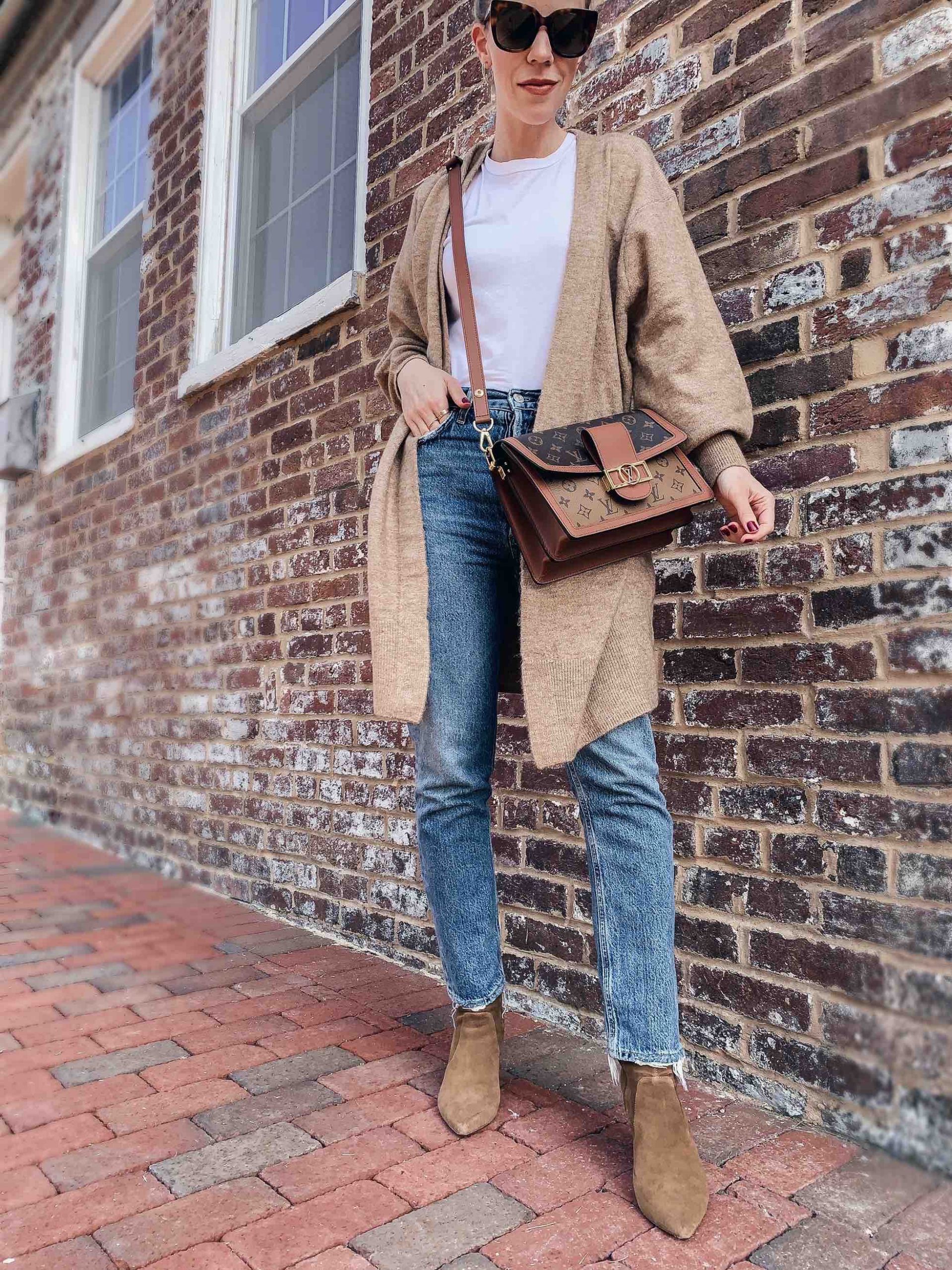 Meagan Brandon fashion blogger of Meagan's Moda wears brown monogram Louis  Vuitton scarf with gray jeans and Frye suede booties, best casual outfit  idea for new moms - Meagan's Moda
