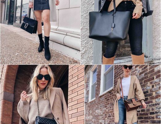 Meagan Brandon fashion blogger of Meagan's Moda wears Janessa Leone Billie  fedora with camel sweater, Madewell black denim skirt and Louis Vuitton brown  monogram shine shawl for chic layered fall outfit 