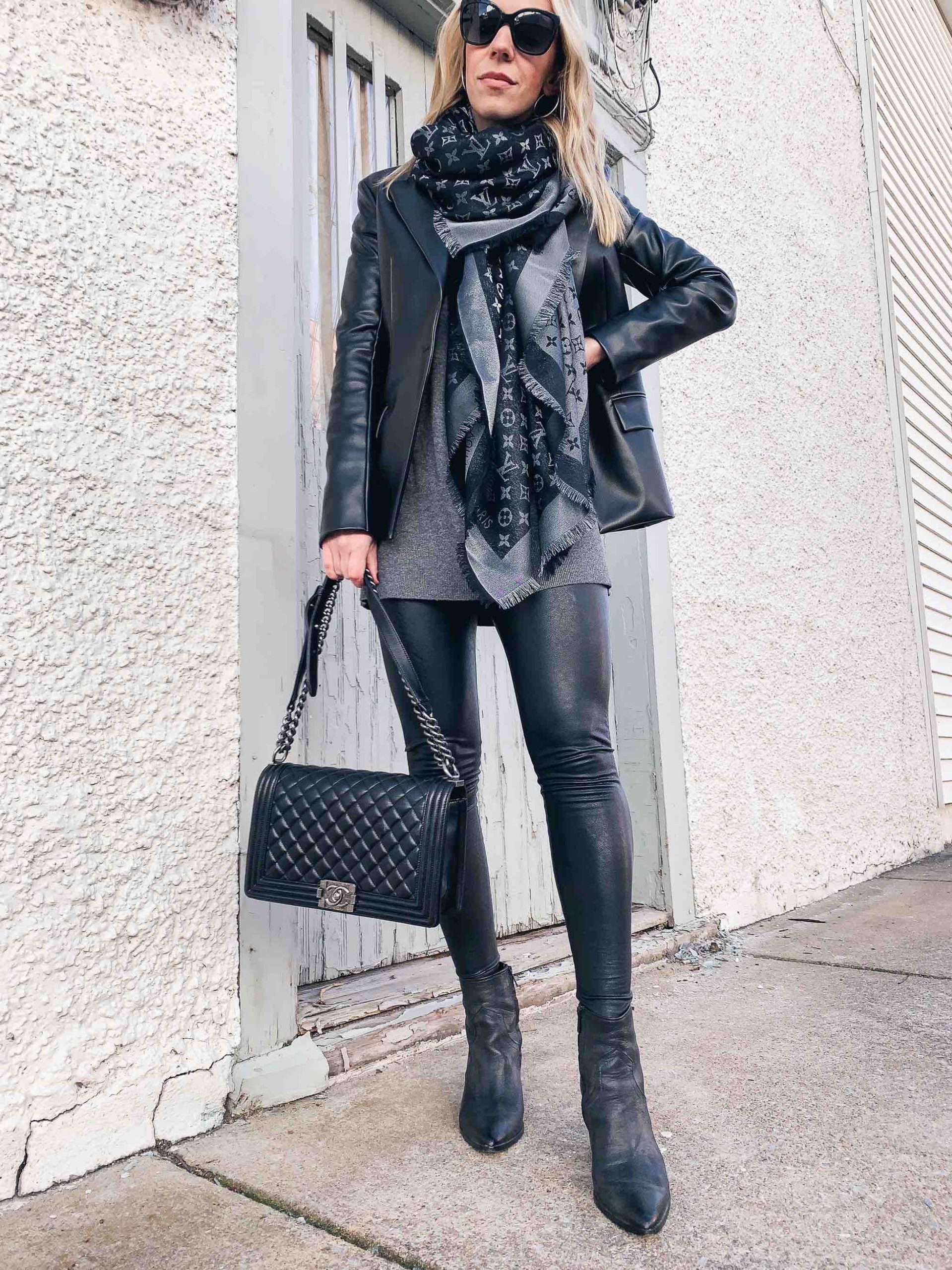 Meagan Brandon fashion blogger of Meagan's Moda shows how to wear a faux  leather blazer for fall with faux leather leggings and tunic sweater -  Meagan's Moda