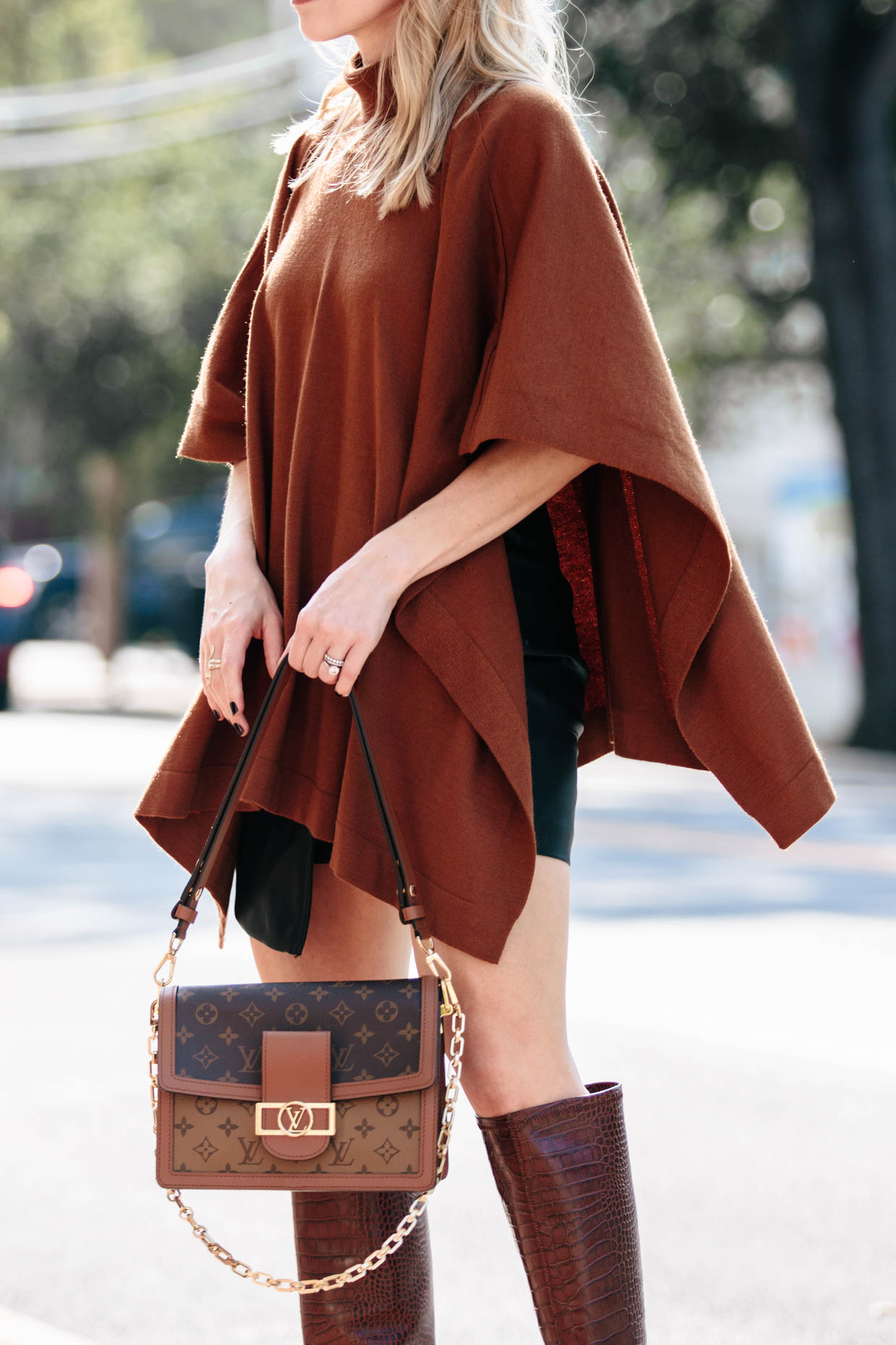 Meagan Brandon fashion blogger of Meagan's Moda wears camel poncho with Louis  Vuitton Dauphine MM - Meagan's Moda