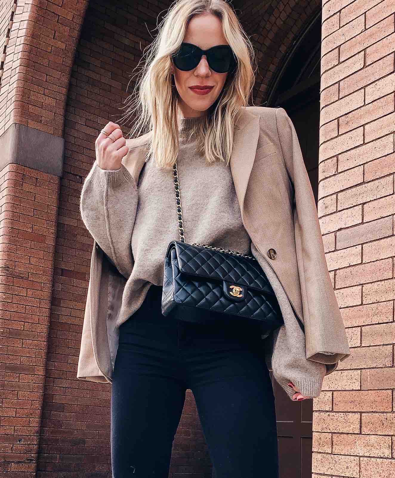 Meagan Brandon fashion blogger of Meagan's Moda wears camel blazer