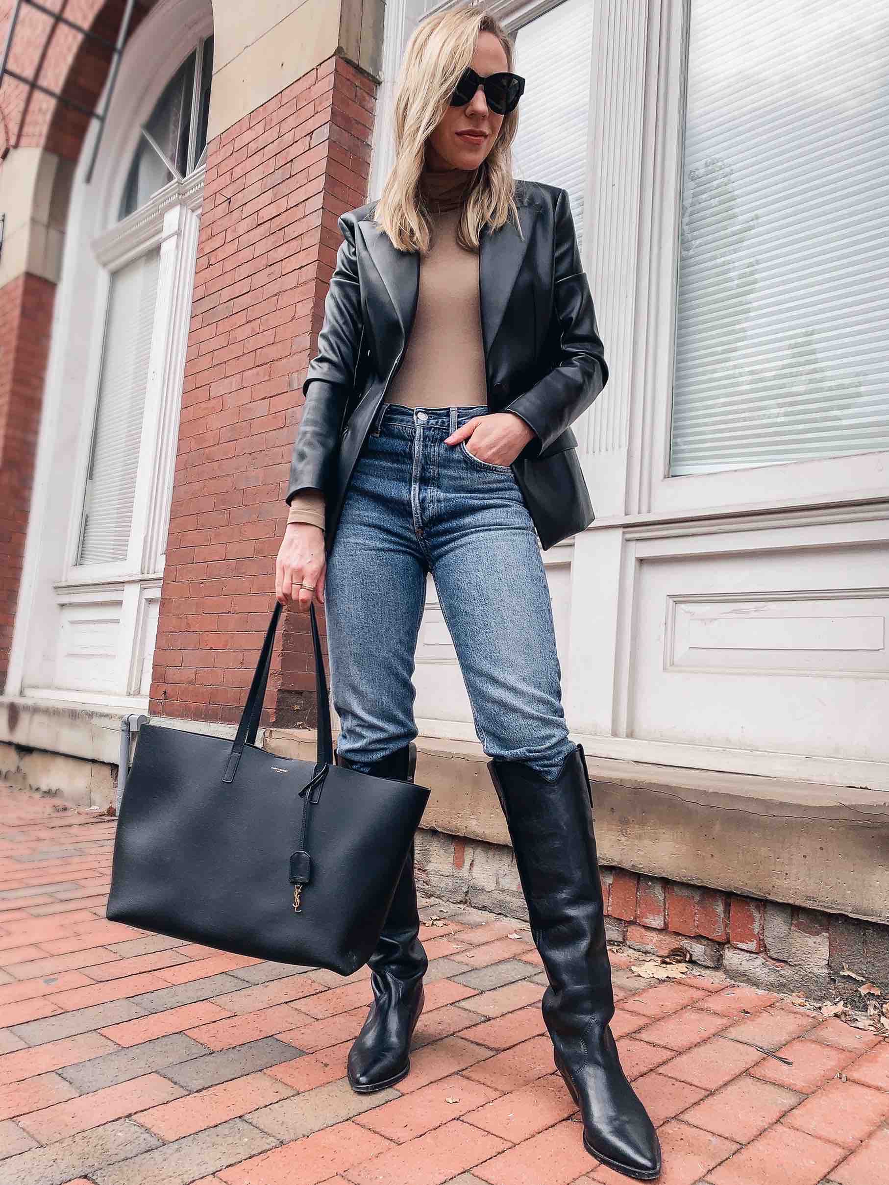 Meagan Brandon fashion blogger of Meagan's Moda wears Commando perfect  control faux leather leggings with leather stiletto booties - Meagan's Moda