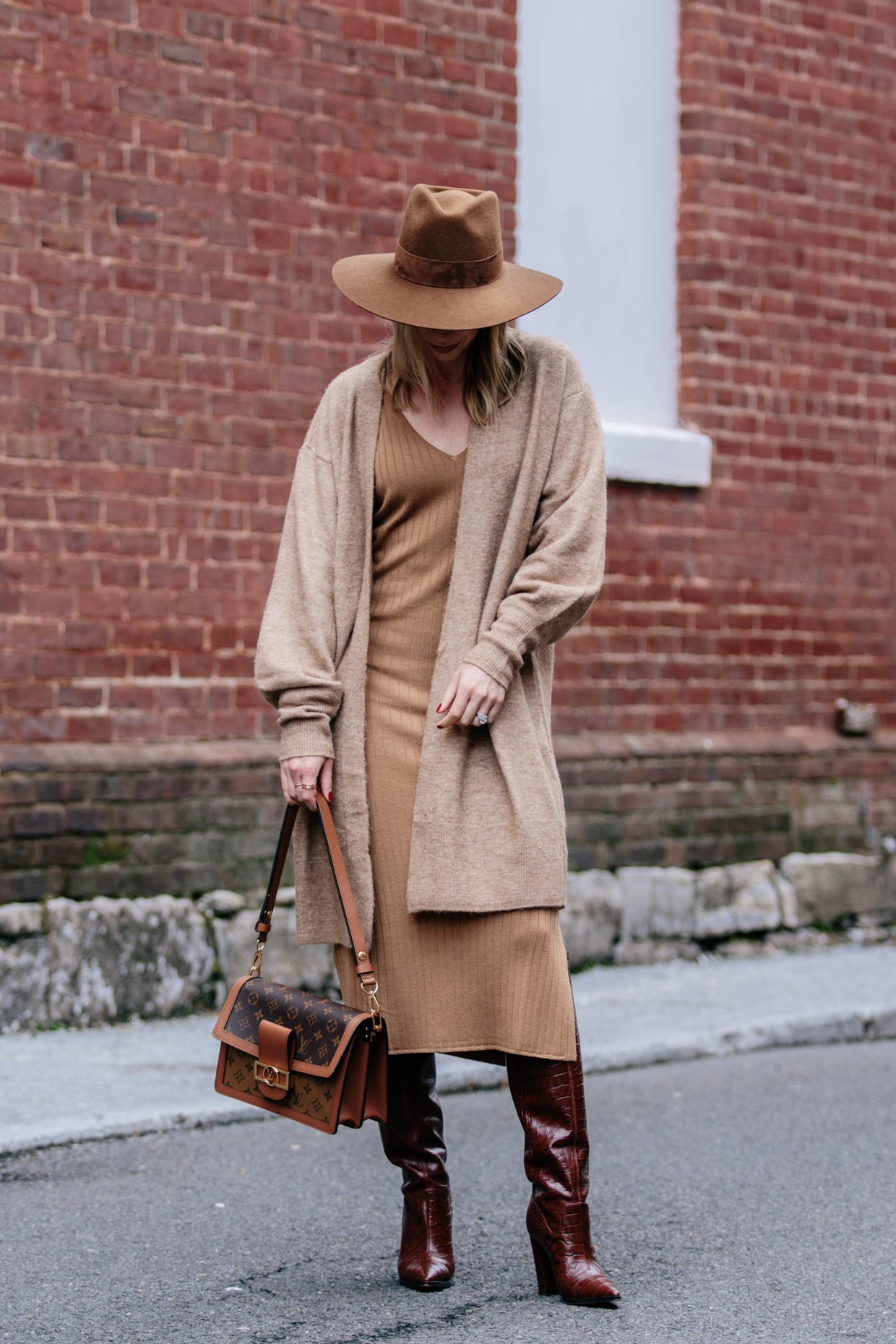 Meagan Brandon fashion blogger of Meagan's Moda shows how to wear monochromatic camel outfit for fall with long cardigan, knit dress and camel wool hat