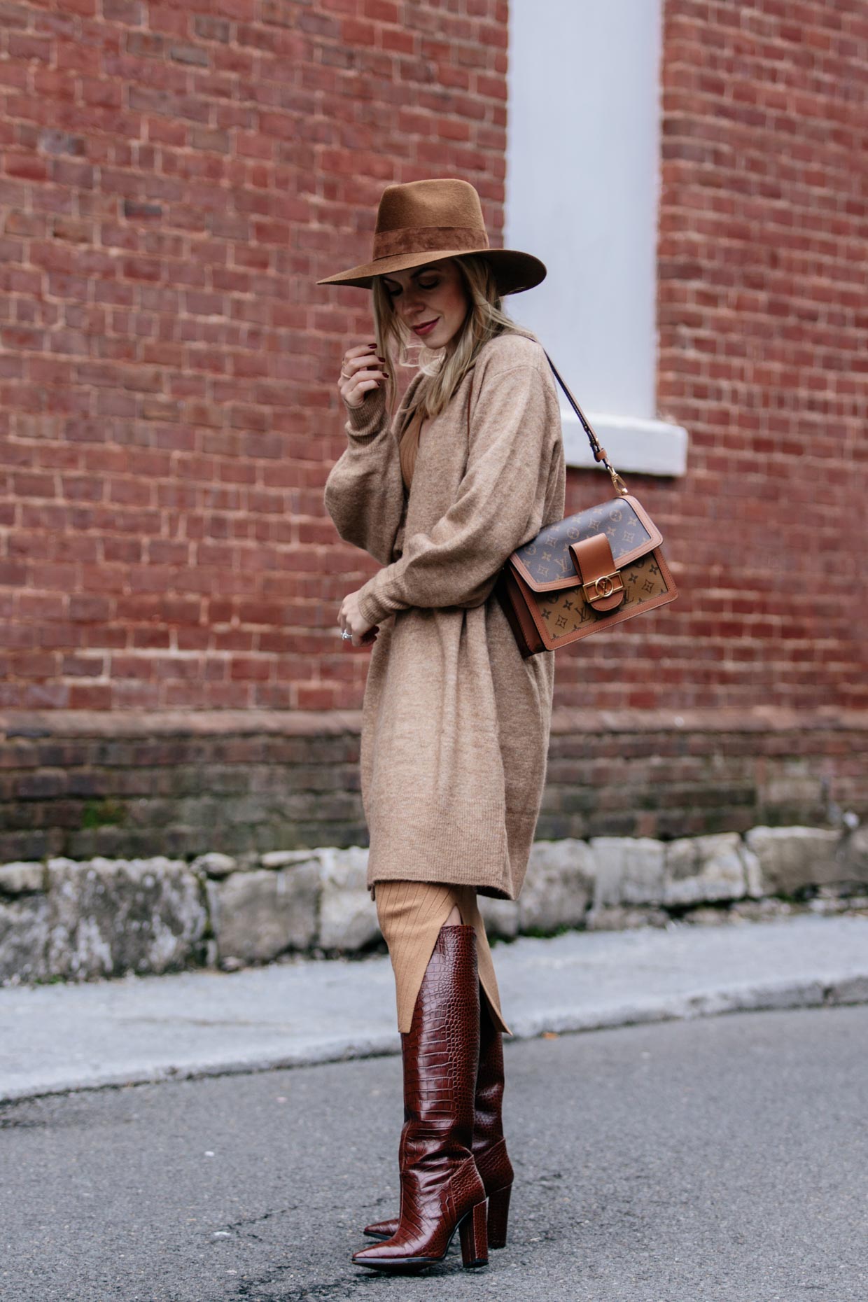 Meagan Brandon fashion blogger of Meagan's Moda wears monochromatic camel  outfit with knit dress, croc leather boots and Louis Vuitton Dauphine MM  bag - Meagan's Moda