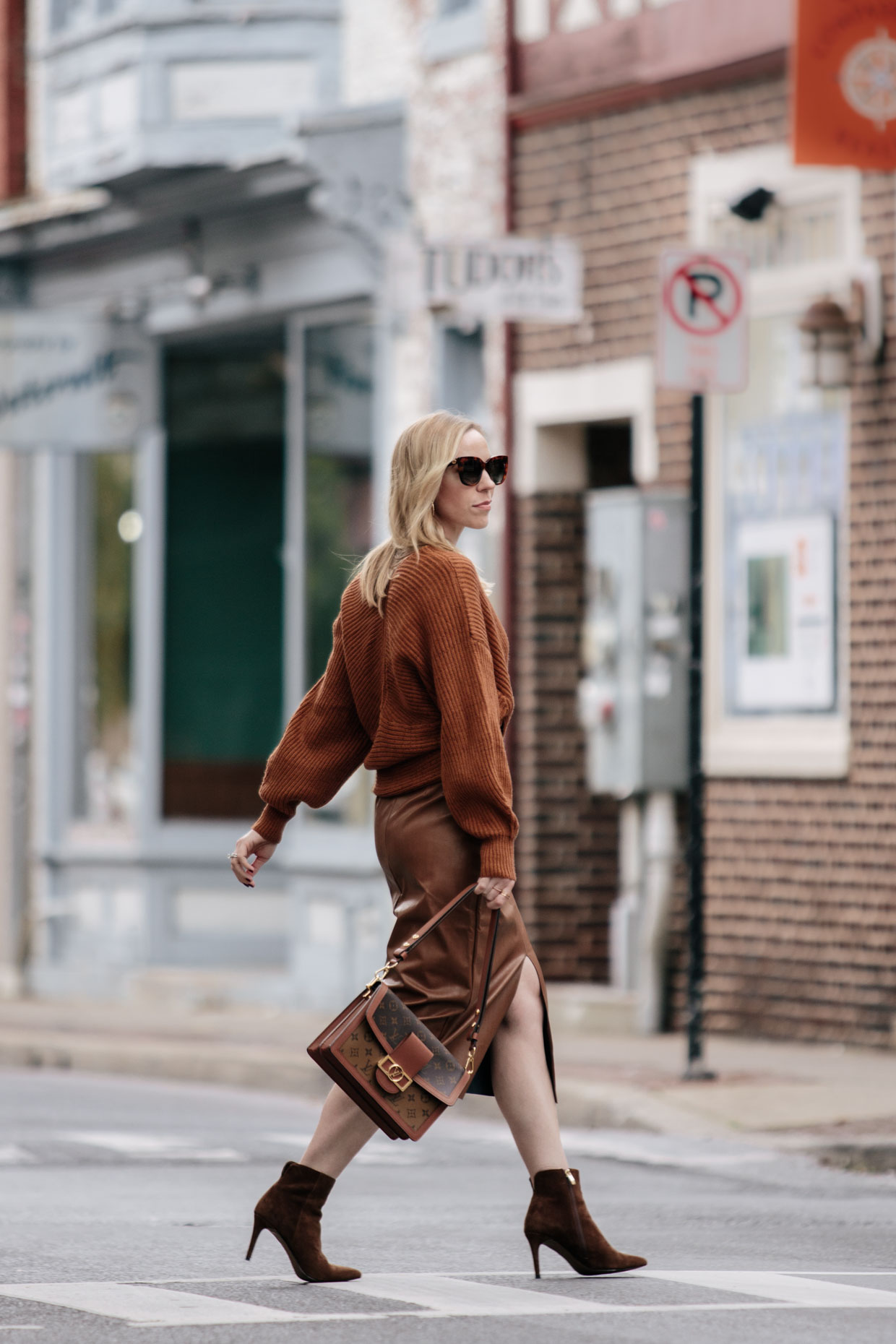 Meagan Brandon fashion blogger of Meagan's Moda styles a snakeskin print  midi skirt for fall with suede sandals and suede Saint Laurent sac de jour  - Meagan's Moda