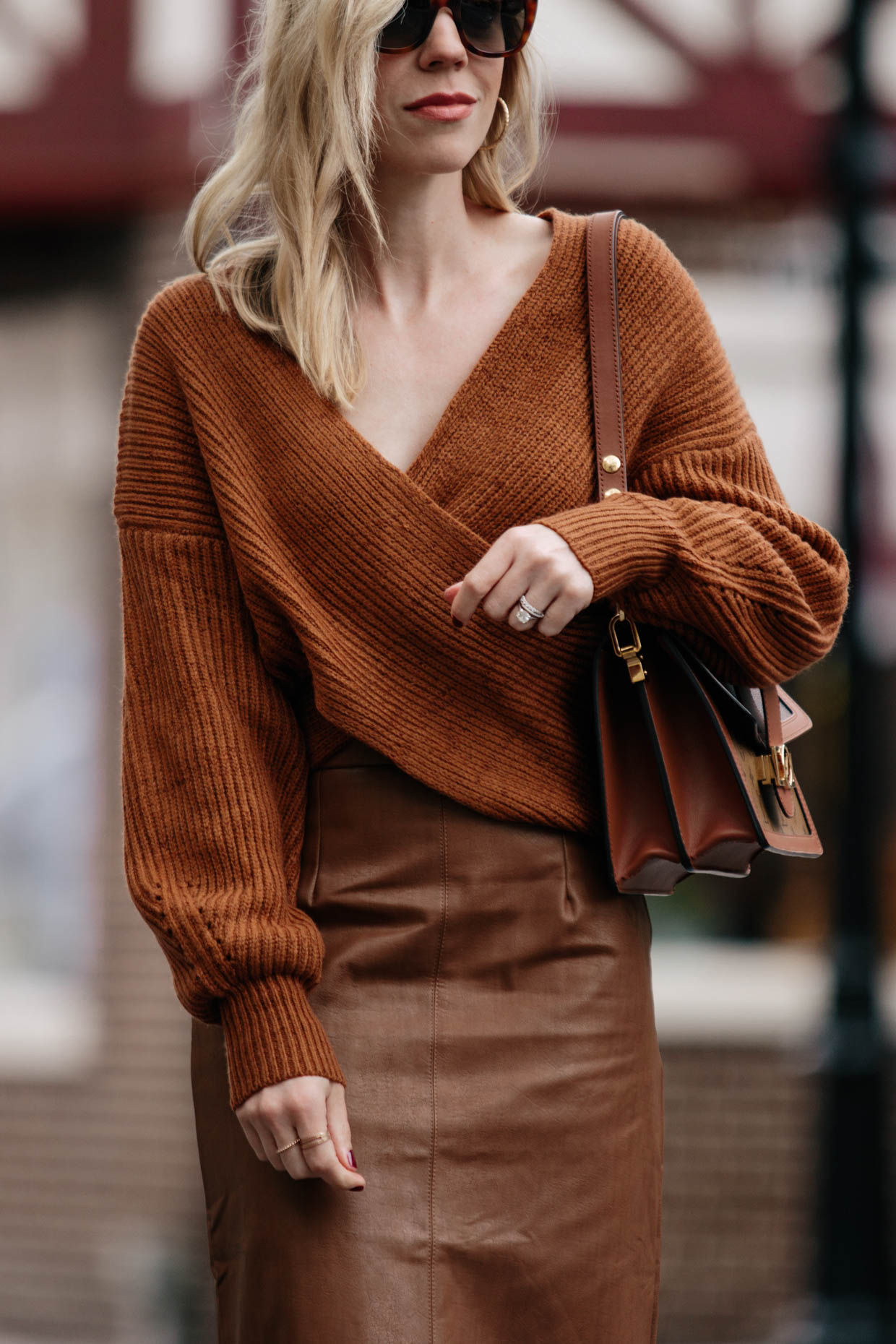 Meagan Brandon fashion blogger of Meagan's Moda wears Janessa Leone Billie  fedora with camel sweater, Madewell black denim skirt and Louis Vuitton brown  monogram shine shawl for chic layered fall outfit 