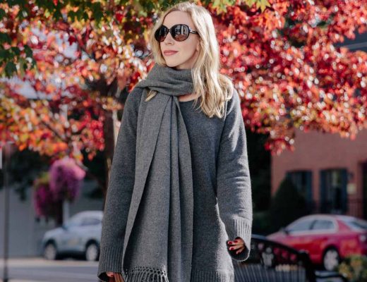 Meagan Brandon fashion blogger of Meagan's Moda wears State Cashmere gray mini sweater dress with oversized scarf and over the knee boots