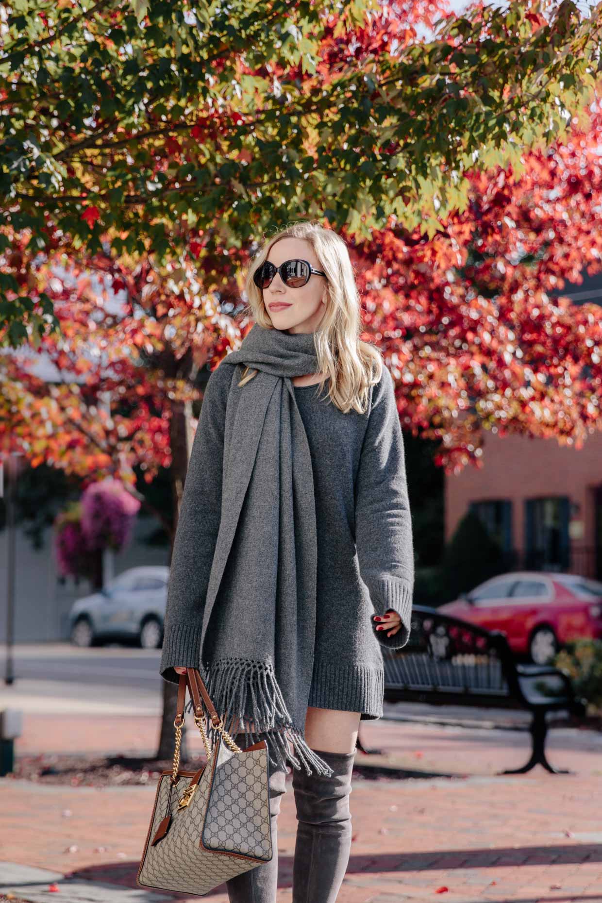 Meagan Brandon fashion blogger of Meagan's Moda wears State Cashmere gray mini sweater dress with oversized scarf and over the knee boots