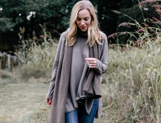 Meagan Brandon fashion blogger of Meagan's Moda wears State Cashmere oversized sweater with olive green scarf and western boots