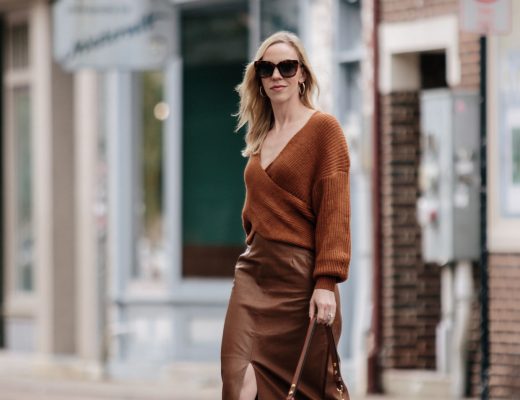 Meagan Brandon fashion blogger of Meagan's Moda wears monochrome brown outfit with faux leather skirt and suede booties