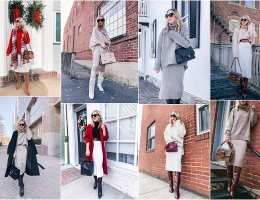 Meagan Brandon fashion blogger of Meagan's Moda shows how to wear knit skirts for chic winter and holiday outfit ideas