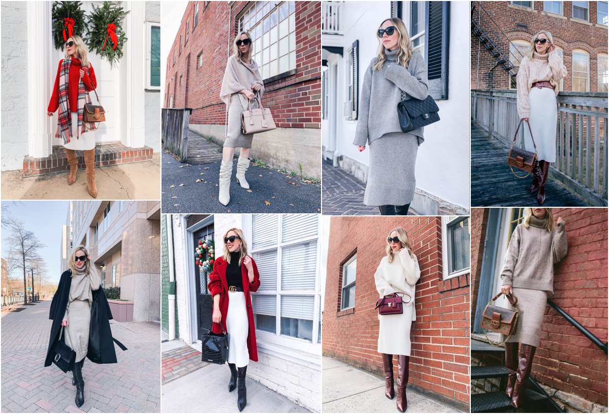 Meagan Brandon fashion blogger of Meagan's Moda shows how to wear knit skirts for chic winter and holiday outfit ideas