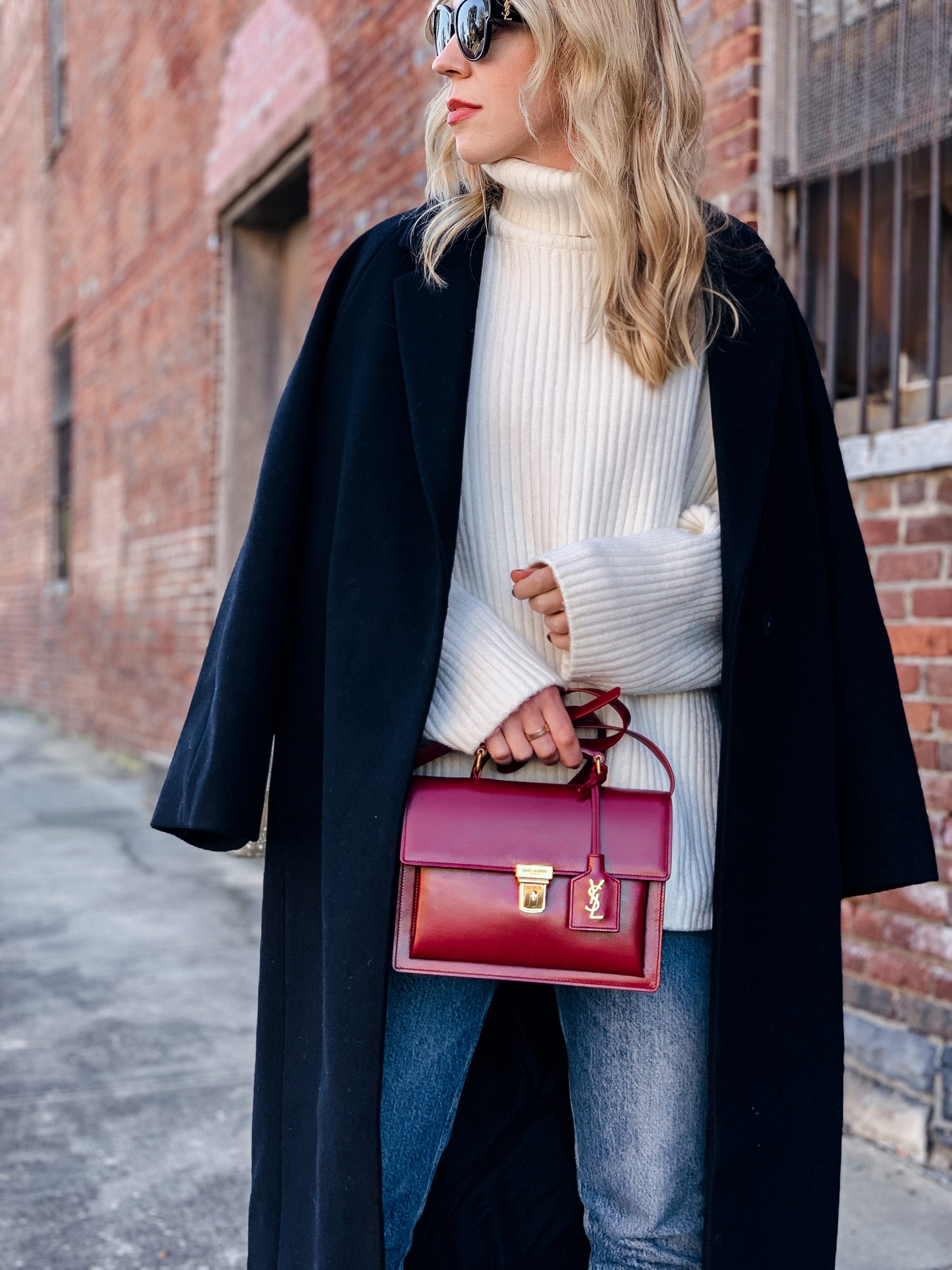 Meagan Brandon fashion blogger of Meagan's Moda styles red YSL high school satchel