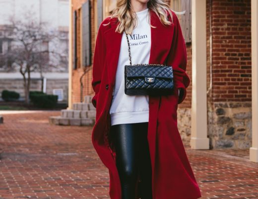 Meagan Brandon fashion blogger of Meagan's Moda wears Max Mara 101801 red coat with faux leather leggings and Chanel classic flap bag