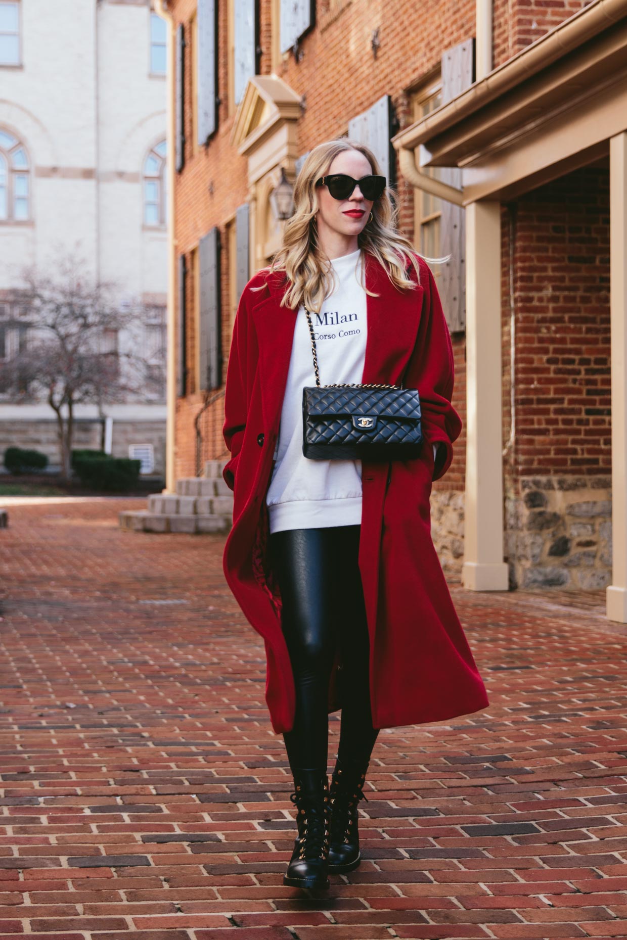 Meagan Brandon fashion blogger of Meagan's Moda wears Max Mara 101801 red coat with faux leather leggings and Chanel classic flap bag