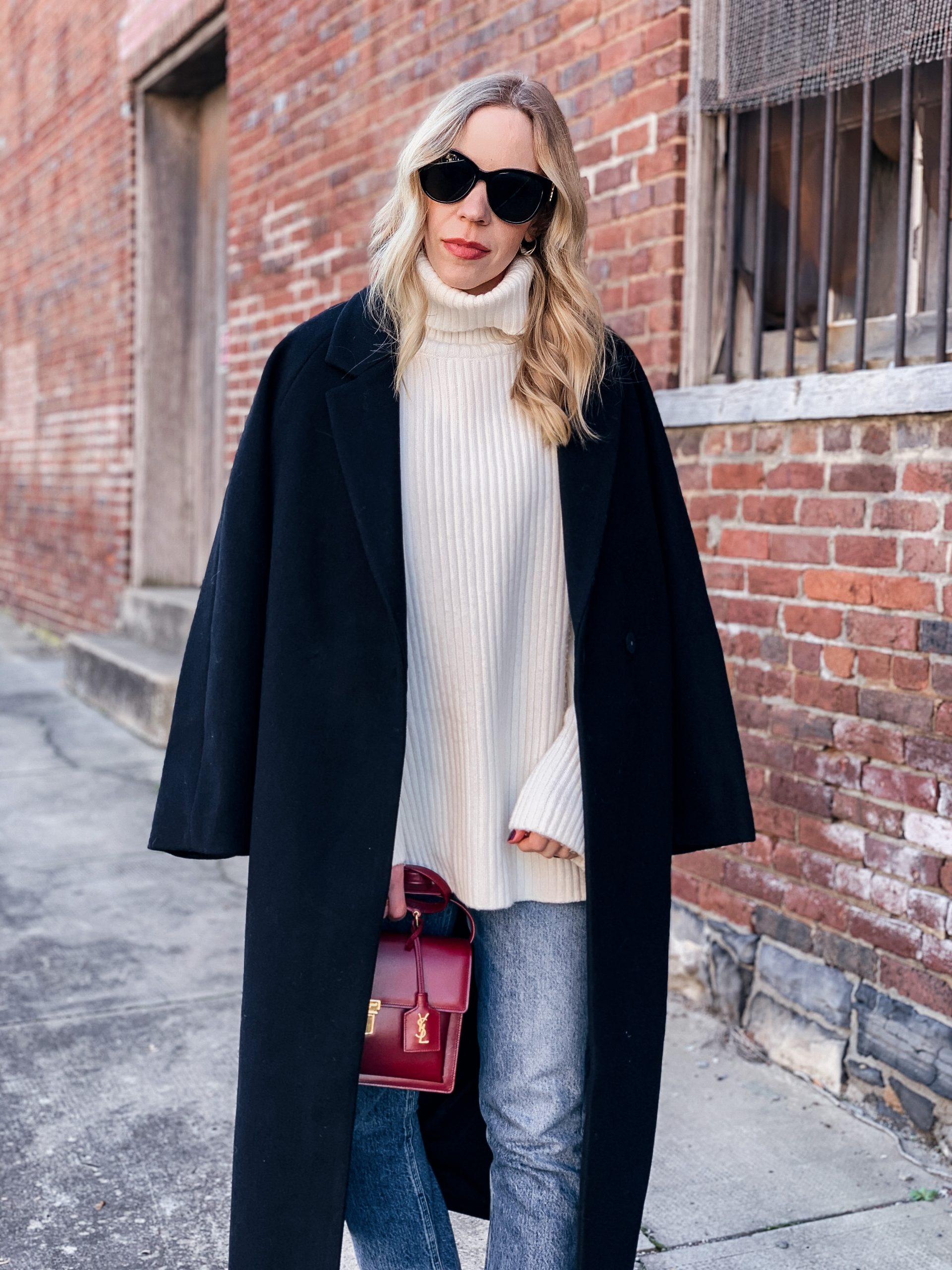 Meagan Brandon fashion blogger of Meagan's Moda wears black H&M oversized wool coat with chunky knit turtleneck winter outfit