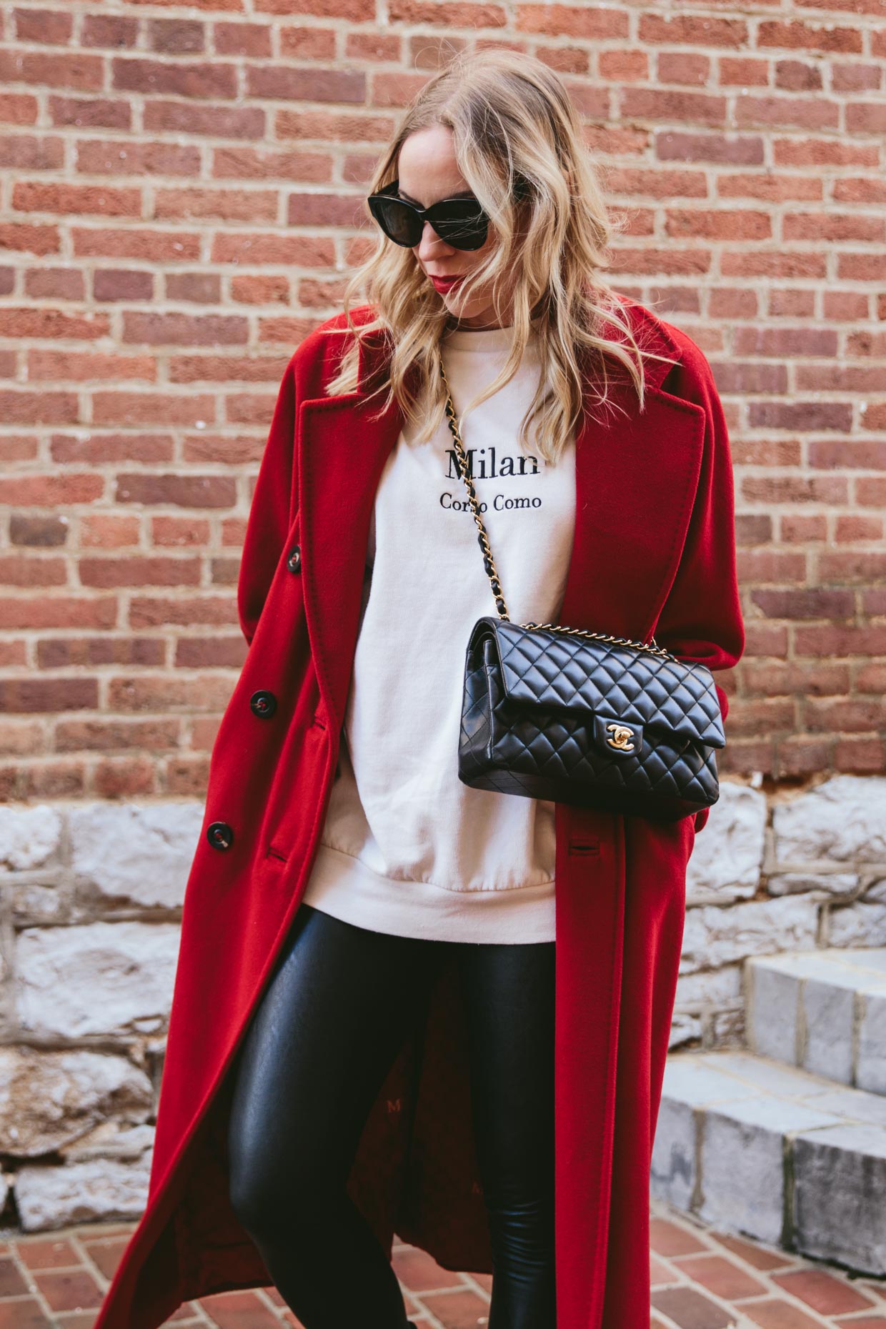 Comfy Meets Luxe: Red Coat, Embroidered Sweatshirt & Faux Leather Leggings  - Meagan's Moda