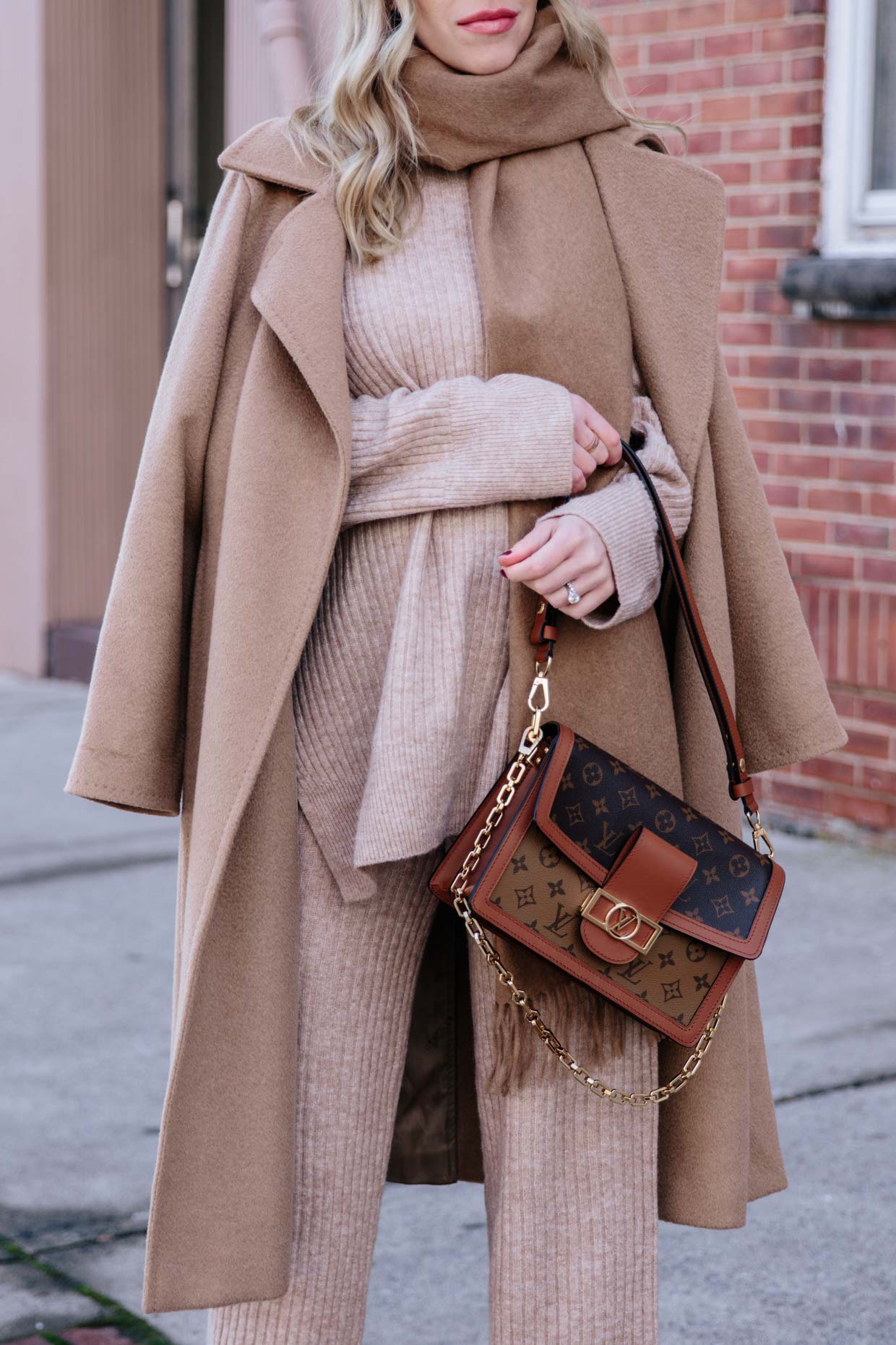 Meagan Brandon fashion blogger of Meagan's Moda wears layered fall  maternity outfit with Madewell camel sweater coat, Louis Vuitton brown  shiny monogram shawl scarf and denim shirt - Meagan's Moda