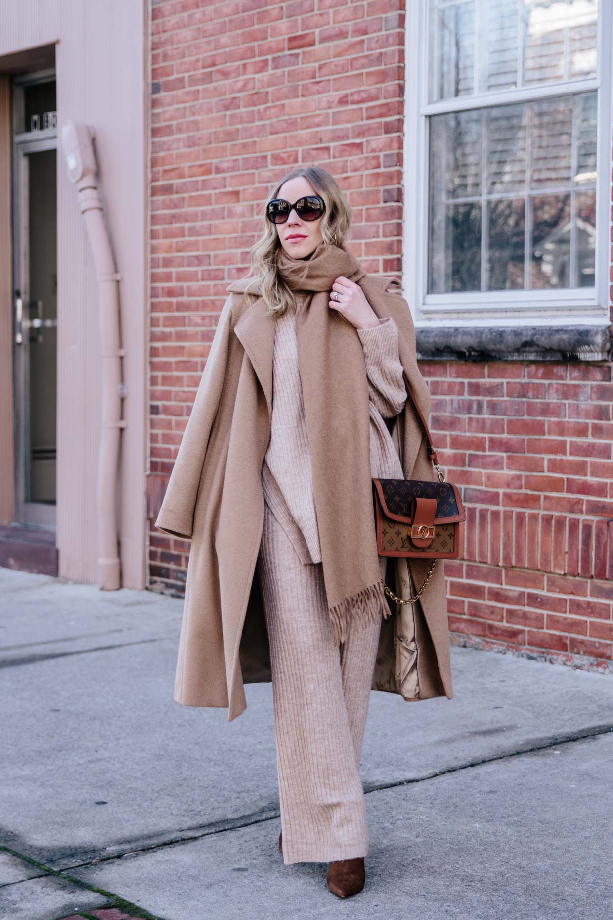 Meagan Brandon fashion blogger of Meagan's Moda wears monochromatic camel  outfit with knit dress, croc leather boots and Louis Vuitton Dauphine MM  bag - Meagan's Moda