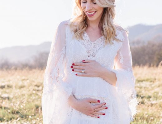 Meagan Brandon fashion blogger of Meagan's Moda wears Chicwish white bell sleeve dress for maternity announcement photo shoot