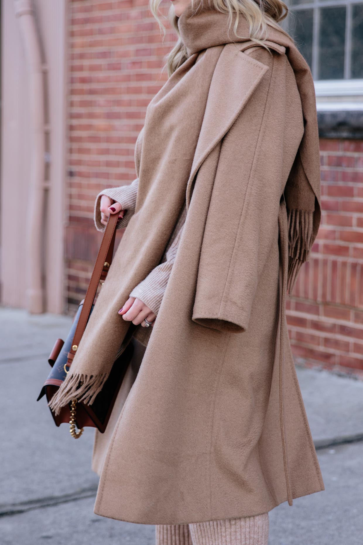 Meagan Brandon fashion blogger of Meagan's Moda wears Madewell camel  sweater coat with brown shiny Louis Vuitton monogram scarf for chic fall  maternity outfit 35 weeks pregnant - Meagan's Moda