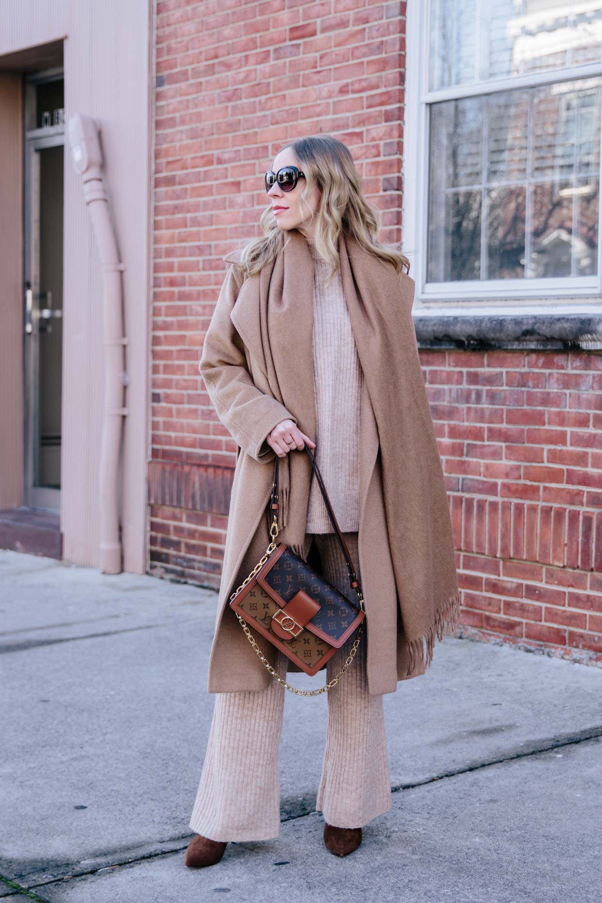 Chic layered fall look for maternity style with camel sweater coat, denim  shirt, Louis Vuitton monogram scarf and black jeans - Meagan's Moda