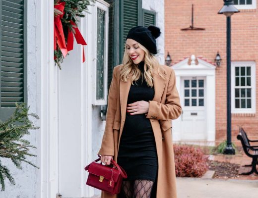 Meagan Brandon fashion blogger of Meagan's Moda wears double breasted camel coat over fitted black turtleneck dress with Gucci tights and combat boots