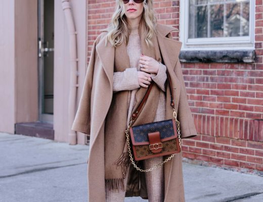 Meagan Brandon fashion blogger of Meagan's Moda wears monochromatic camel outfit with Max Mara Manuela coat and knit pants set