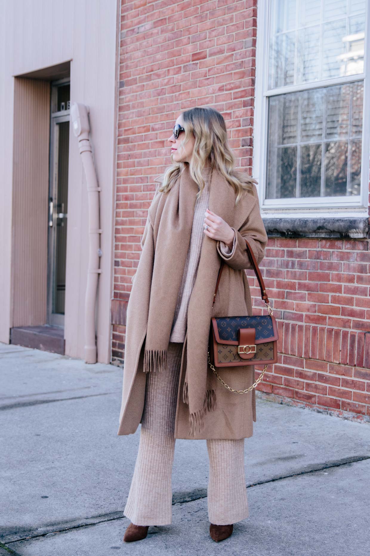 Meagan Brandon fashion blogger of Meagan's Moda wears monochromatic camel  outfit with knit dress, croc leather boots and Louis Vuitton Dauphine MM  bag - Meagan's Moda