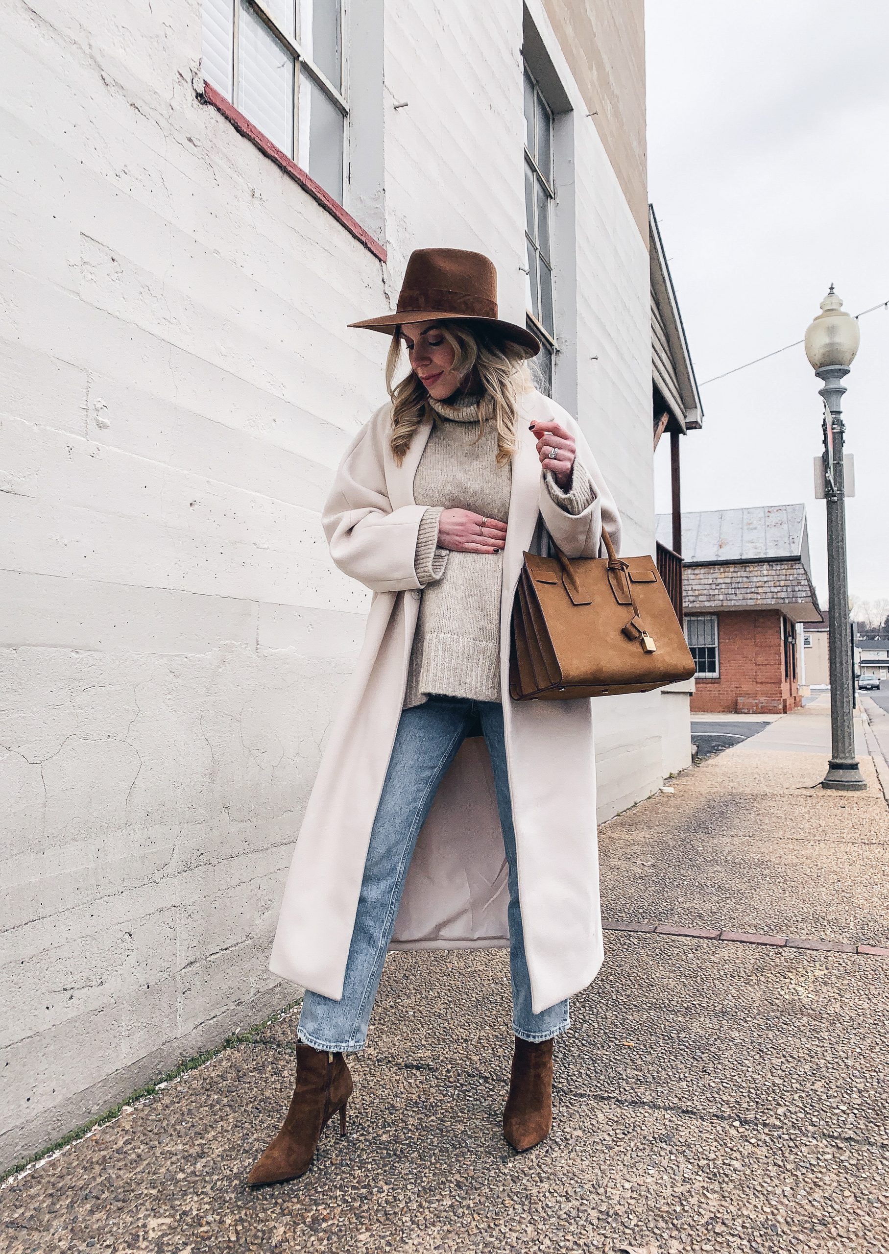 Meagan Brandon fashion blogger of Meagan's Moda wears layered fall  maternity outfit with Madewell camel sweater coat, Louis Vuitton brown  shiny monogram shawl scarf and denim shirt - Meagan's Moda