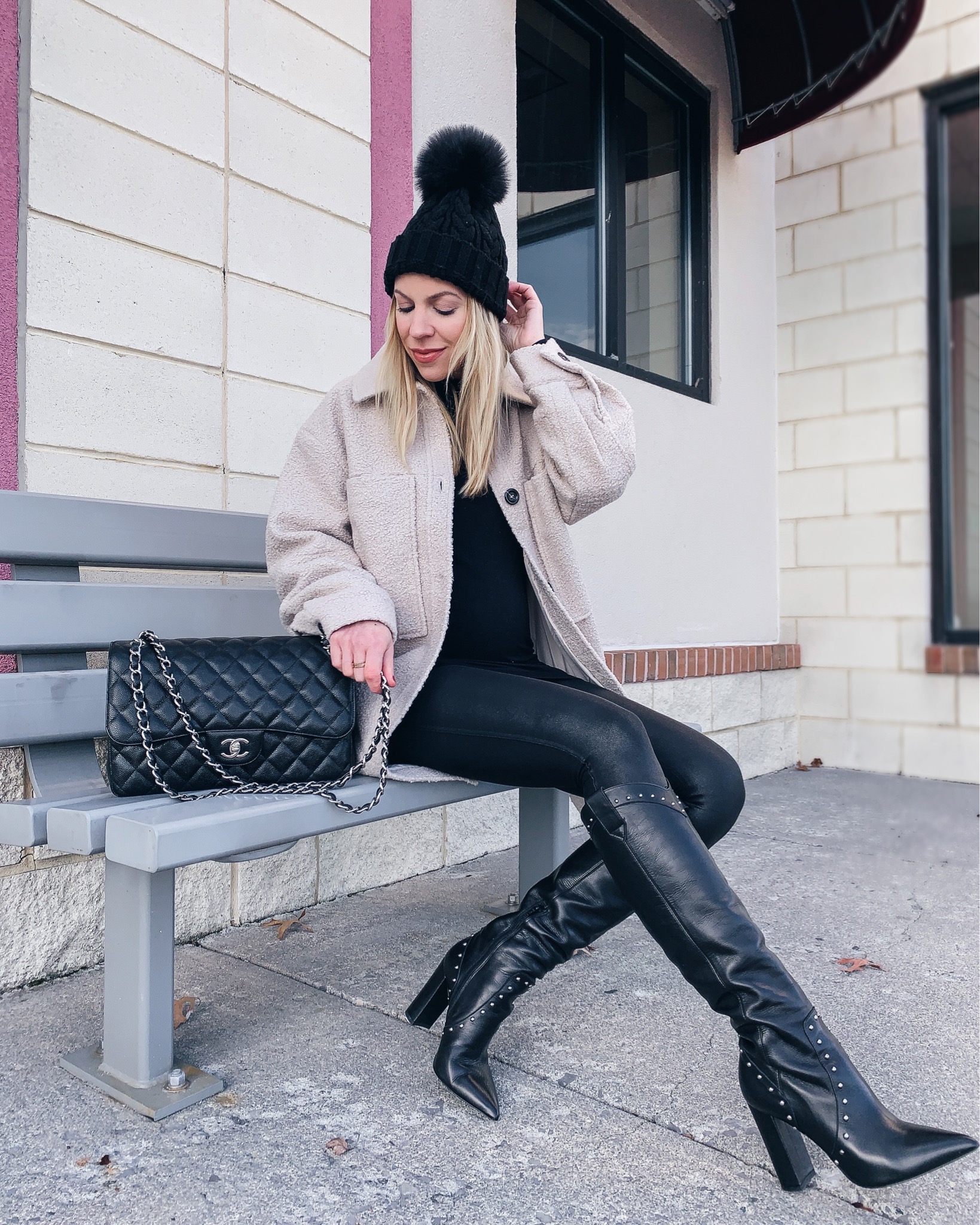 Meagan Brandon fashion blogger of Meagan's Moda styles Spanx faux leather  maternity leggings for winter - Meagan's Moda