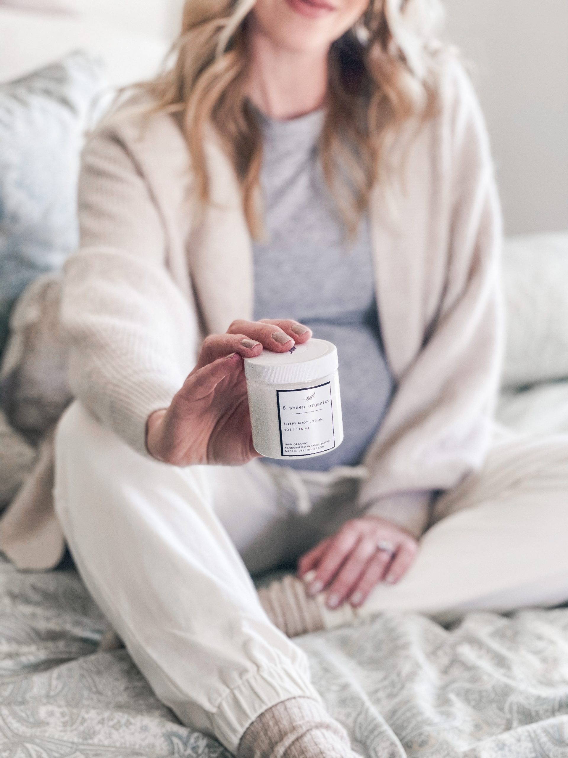 Meagan Brandon fashion blogger of Meagan's Moda reviews 8 Sheep Organics sleepy body lotion with magnesium for pregnancy aches and pains