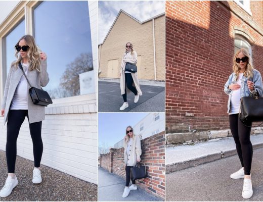 Meagan Brandon fashion blogger of Meagan's Moda shares maternity outfit ideas with white tee and leggings