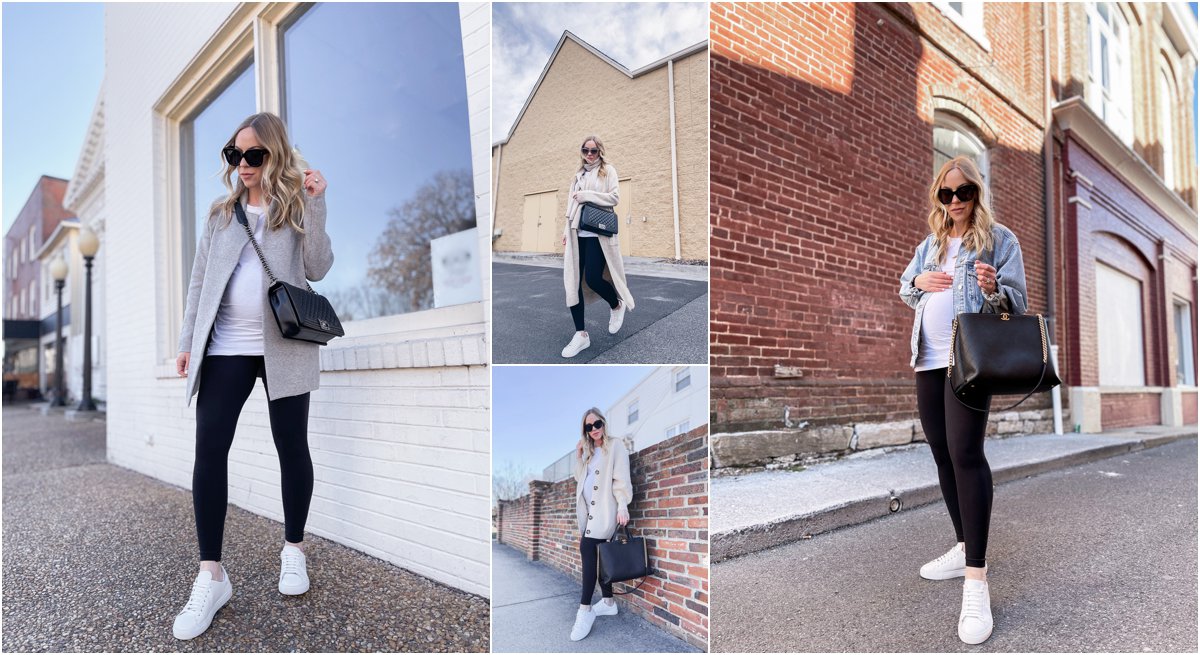 Meagan Brandon fashion blogger of Meagan's Moda shares maternity outfit ideas with white tee and leggings