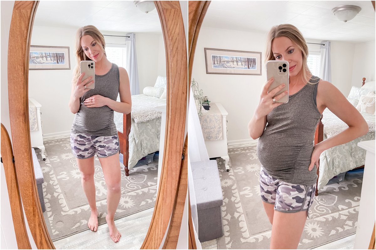 Meagan Brandon fashion blogger of Meagan's Moda wears BLANQI maternity  workout clothing, best maternity leggings - Meagan's Moda