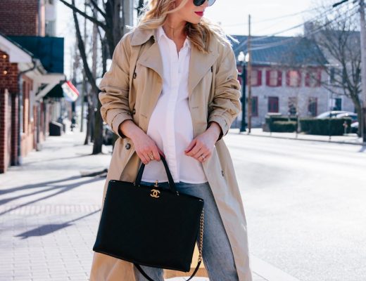 Meagan Brandon fashion blogger of Meagan's Moda wears khaki trench coat with white button shirt, straight leg cropped jeans and Chanel shopping tote spring outfit