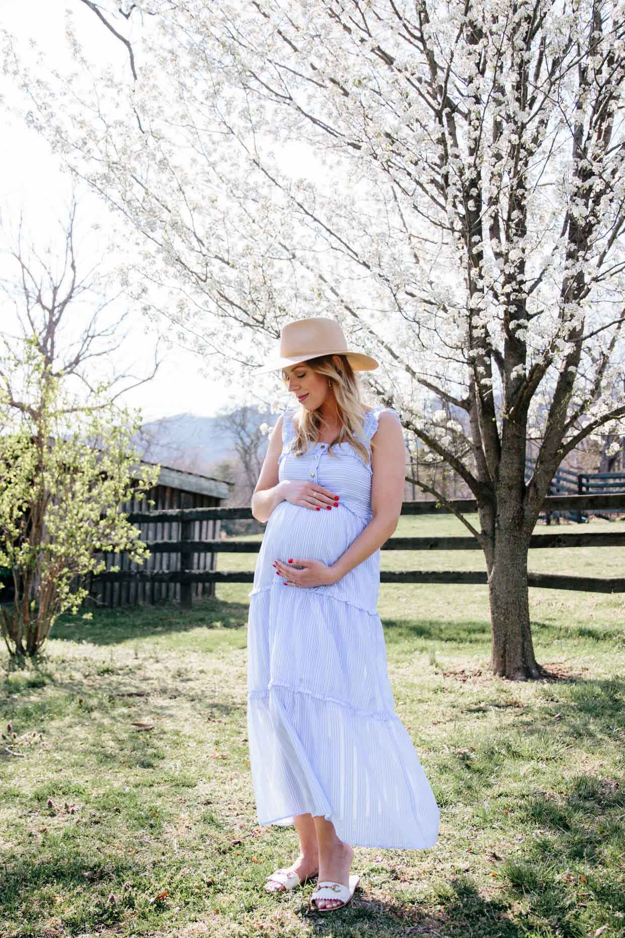 https://www.meagansmoda.com/wp-content/uploads/2021/04/Meagan-Brandon-fashion-blogger-of-Meagans-Moda-shares-spring-maternity-outfit-idea-in-blue-striped-maxi-dress-and-Janessa-Leone-straw-fedora-hat.jpg