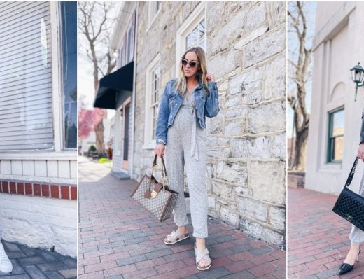 Meagan Brandon style influencer of Meagan's Moda shares three ways to wear Hacci maternity jumpsuit from a Pea in the Pod