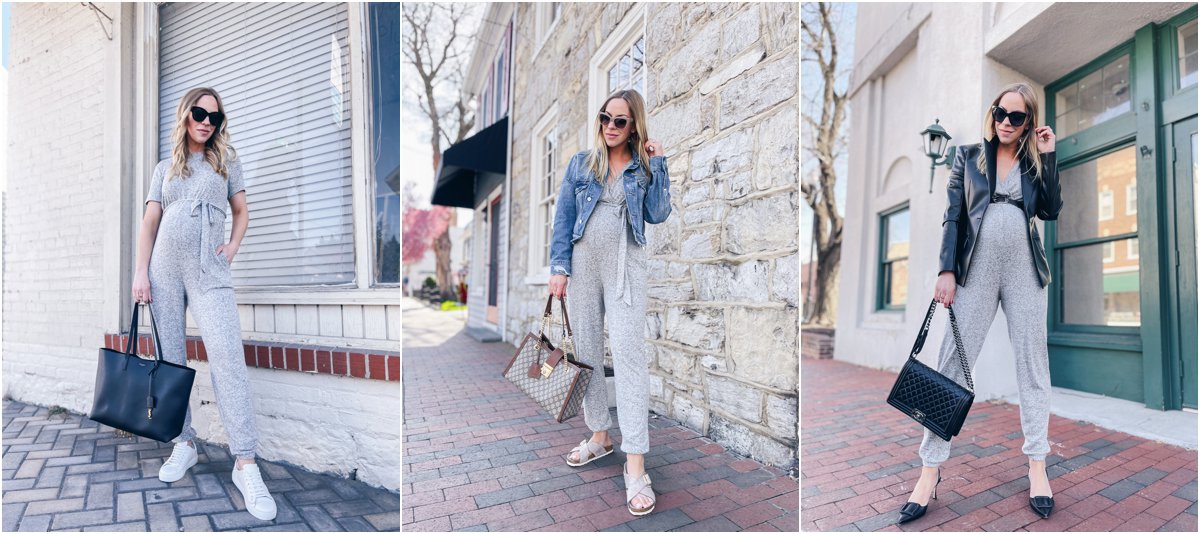 Meagan Brandon style influencer of Meagan's Moda shares three ways to wear Hacci maternity jumpsuit from a Pea in the Pod