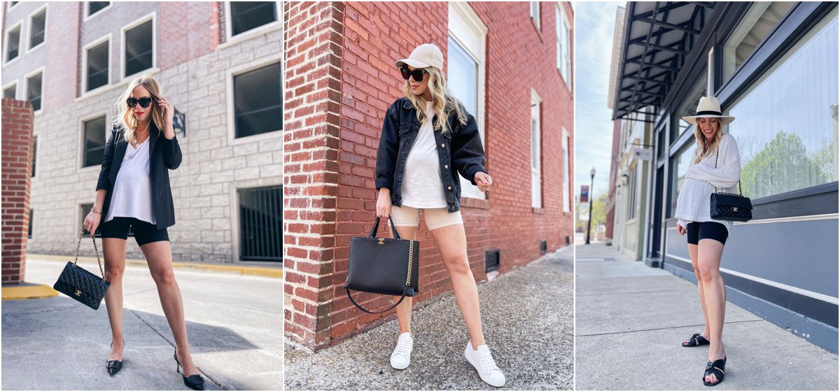 Meagan Brandon style influencer shows how to wear maternity bike shorts, Blanqi girl shorts